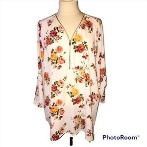 RUE+ 3X half zip white blouse pink orange peony roses cuff sleeves button